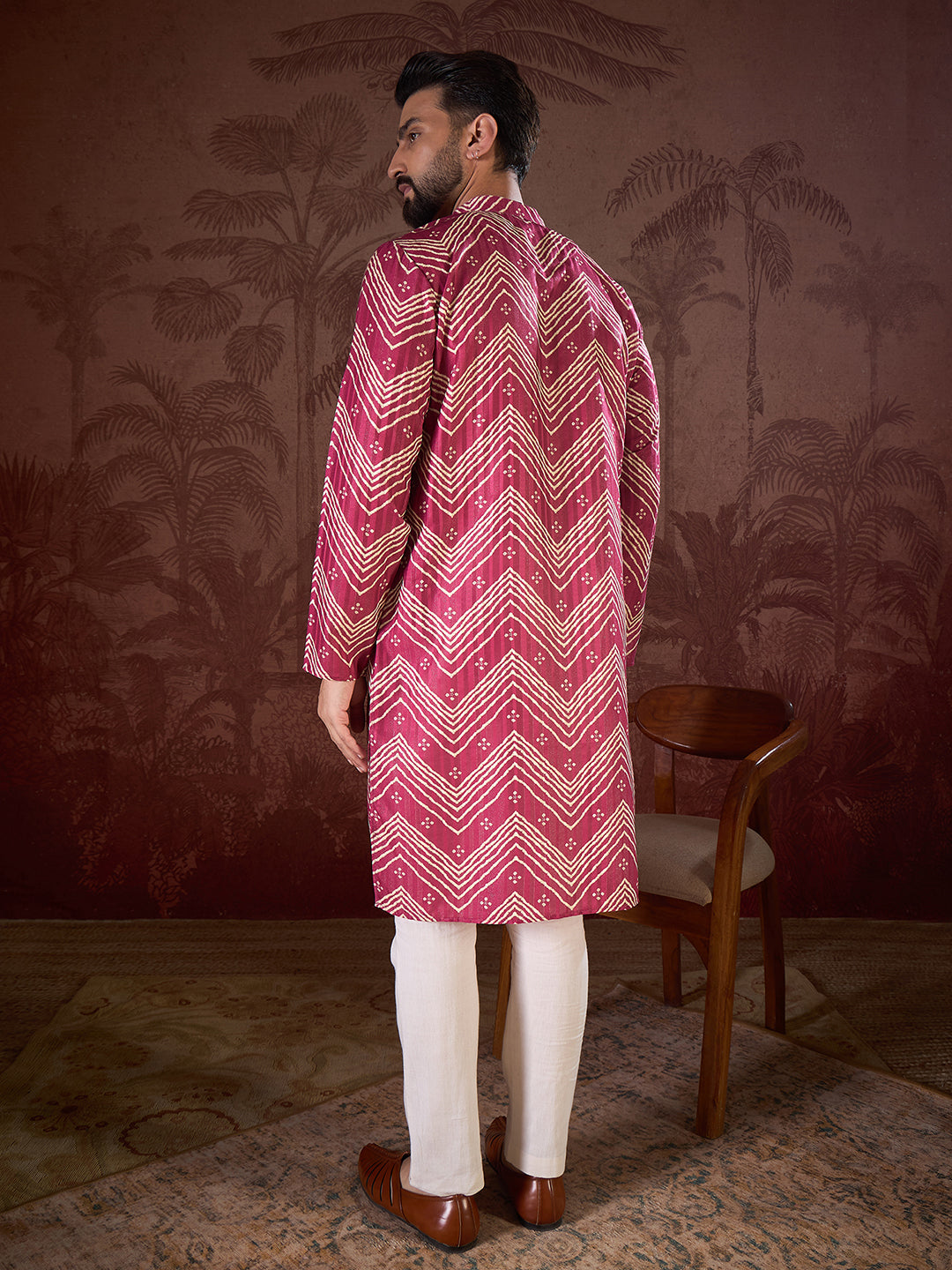 Men Magenta Silk Blend Chevron Printed Straight Kurta With Trouser-MKSET1940
