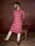 Men Magenta Silk Blend Chevron Printed Straight Kurta With Trouser-MKSET1940