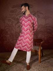 Men Magenta Silk Blend Chevron Printed Straight Kurta With Trouser-MKSET1940