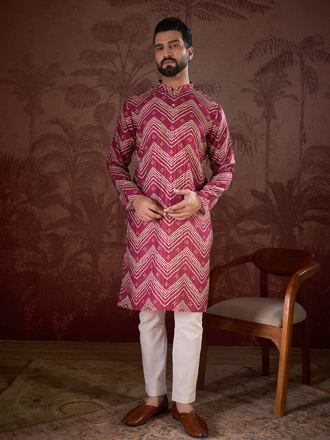 Men Magenta Silk Blend Chevron Printed Straight Kurta With Trouser-MKSET1940