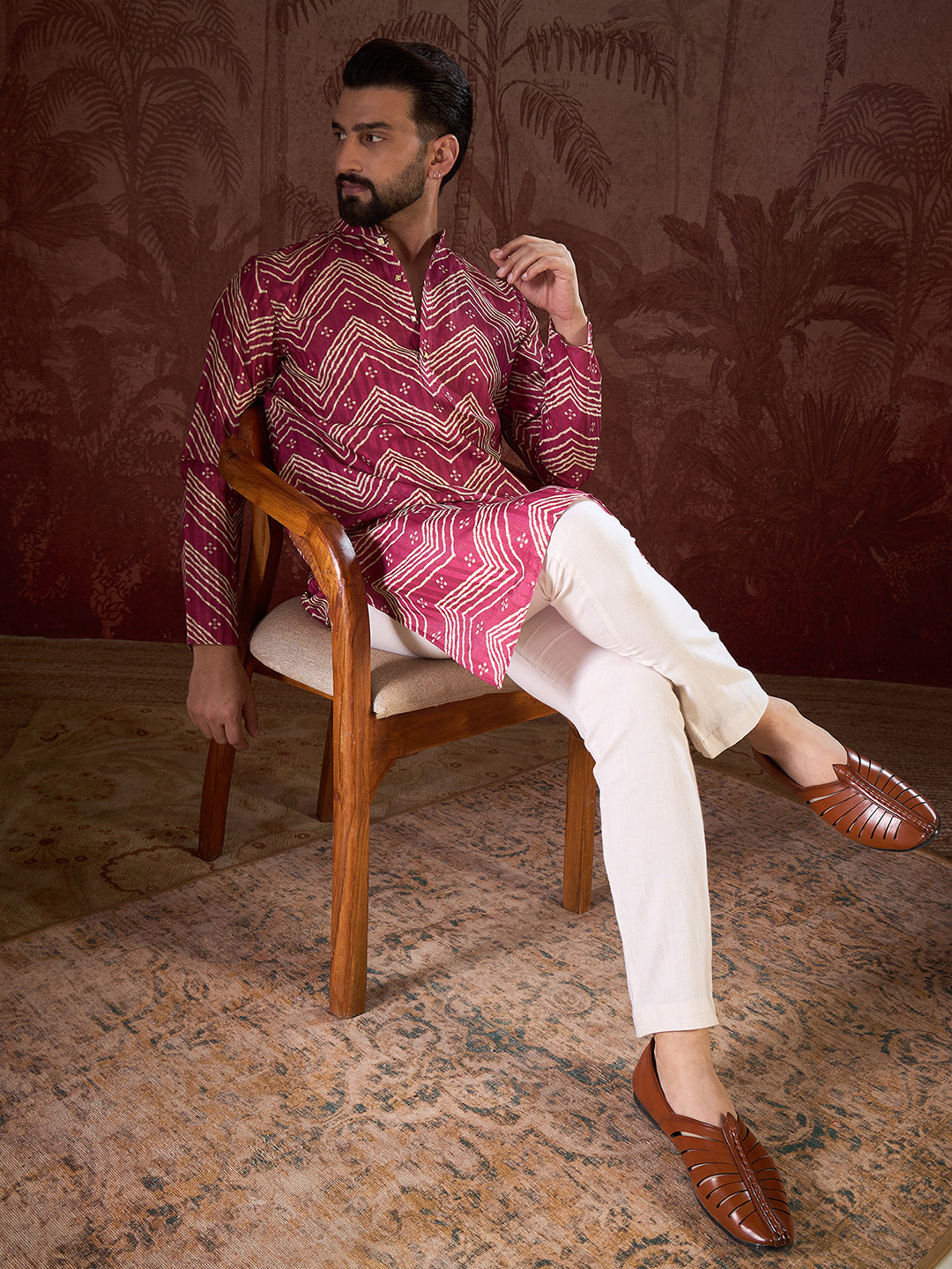 Men Magenta Silk Blend Chevron Printed Straight Kurta With Trouser-MKSET1940