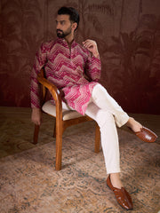 Men Magenta Silk Blend Chevron Printed Straight Kurta With Trouser-MKSET1940