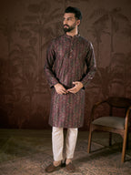 Men Purple Silk Blend Ethnic Motifs Printed Straight Kurta With Trouser-MKSET1941