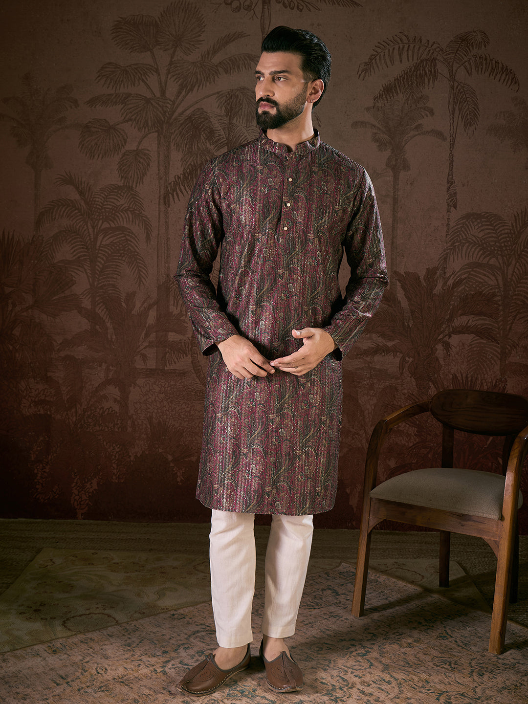 Men Purple Silk Blend Ethnic Motifs Printed Straight Kurta With Trouser-MKSET1941