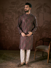 Men Purple Silk Blend Ethnic Motifs Printed Straight Kurta With Trouser-MKSET1941