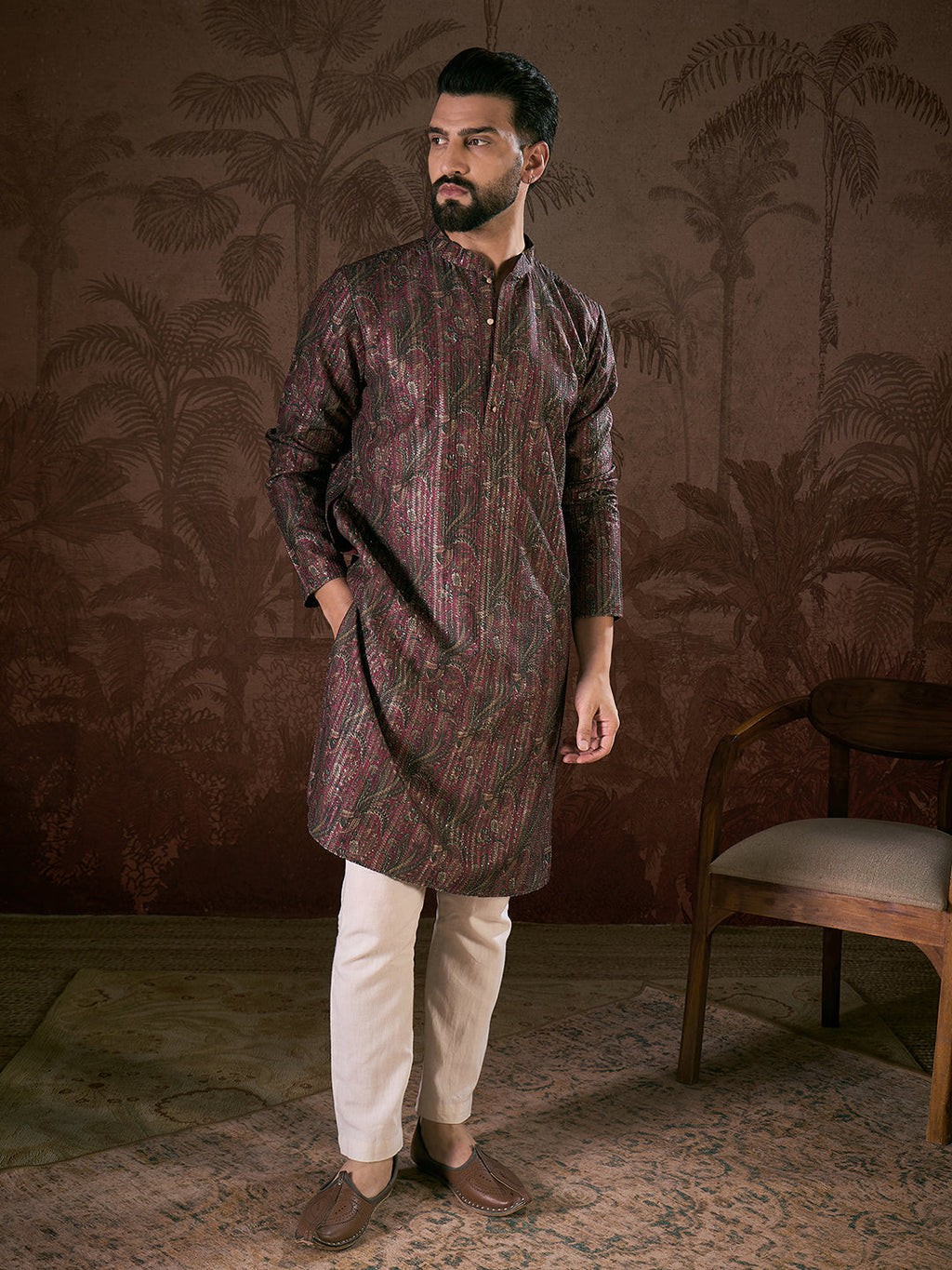 Men Purple Silk Blend Ethnic Motifs Printed Straight Kurta With Trouser-MKSET1941
