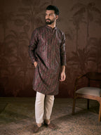 Men Purple Silk Blend Ethnic Motifs Printed Straight Kurta With Trouser-MKSET1941