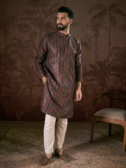 Men Purple Silk Blend Ethnic Motifs Printed Straight Kurta With Trouser-MKSET1941