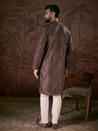 Men Purple Silk Blend Ethnic Motifs Printed Straight Kurta With Trouser-MKSET1941