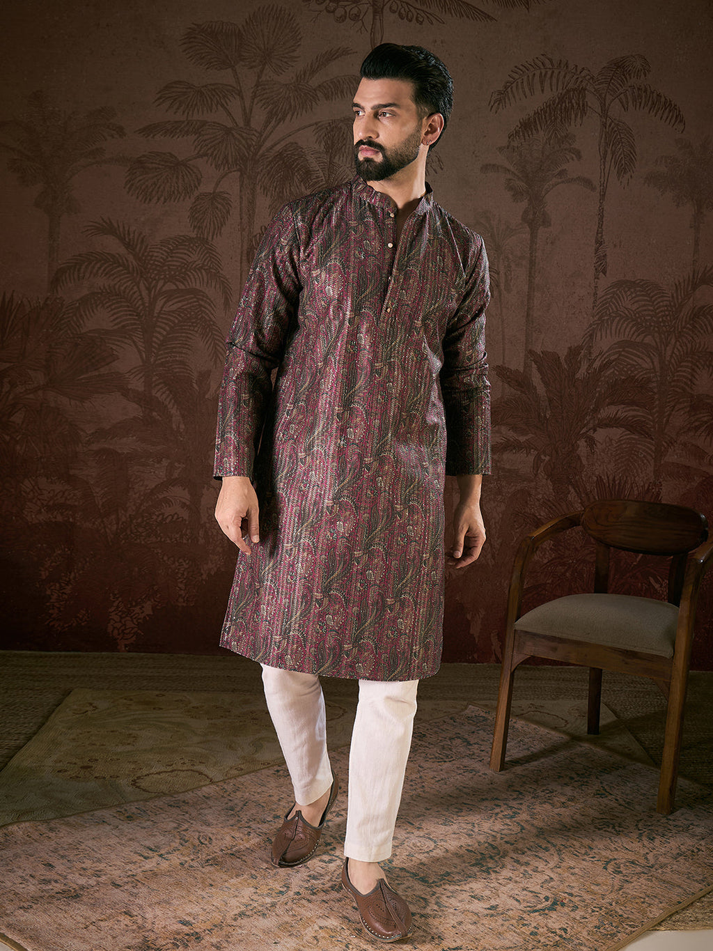 Men Purple Silk Blend Ethnic Motifs Printed Straight Kurta With Trouser-MKSET1941