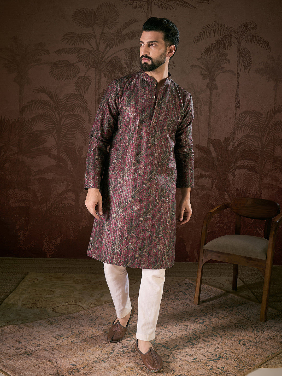 Men Purple Silk Blend Ethnic Motifs Printed Straight Kurta With Trouser-MKSET1941
