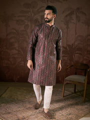 Men Purple Silk Blend Ethnic Motifs Printed Straight Kurta With Trouser-MKSET1941