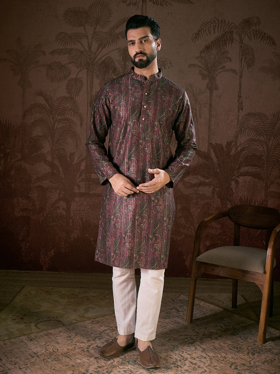 Men Purple Silk Blend Ethnic Motifs Printed Straight Kurta With Trouser-MKSET1941
