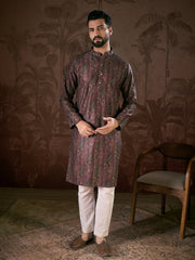 Men Purple Silk Blend Ethnic Motifs Printed Straight Kurta With Trouser-MKSET1941