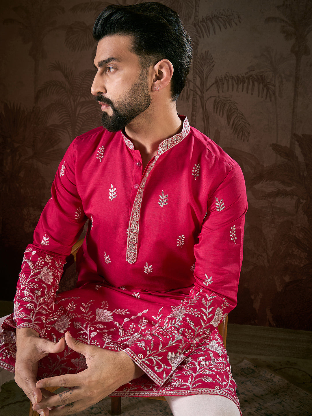 Men Pink Silk Blend Solid Embroidered Straight Kurta With Trouser-MKSET1943