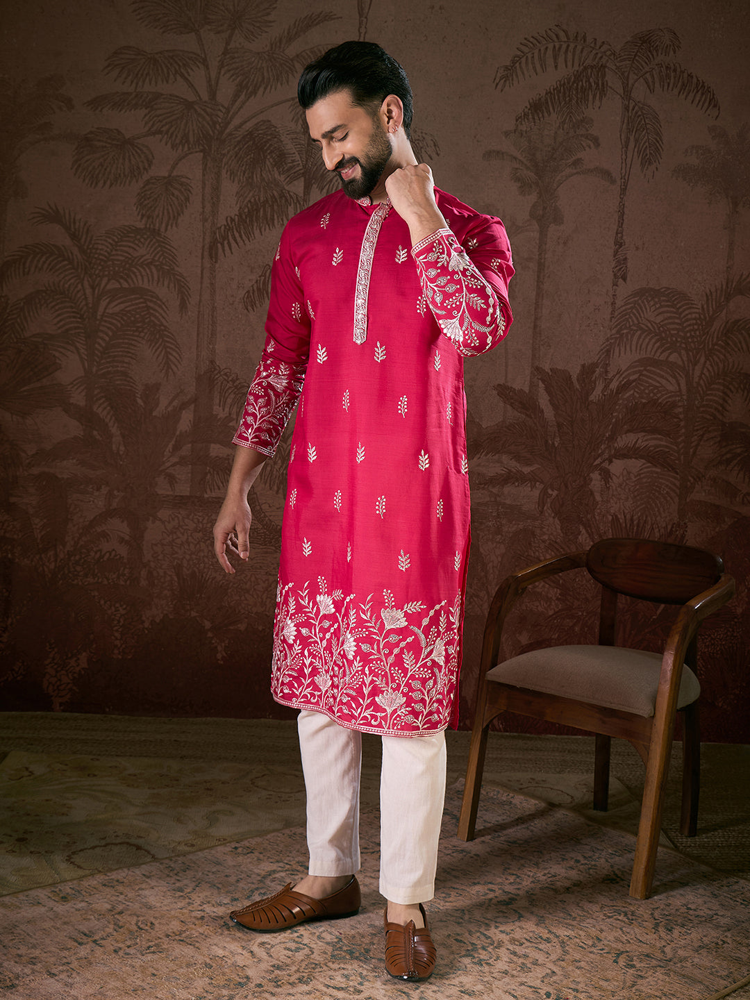 Men Pink Silk Blend Solid Embroidered Straight Kurta With Trouser-MKSET1943