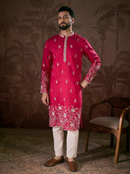 Men Pink Silk Blend Solid Embroidered Straight Kurta With Trouser-MKSET1943