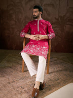Men Pink Silk Blend Solid Embroidered Straight Kurta With Trouser-MKSET1943