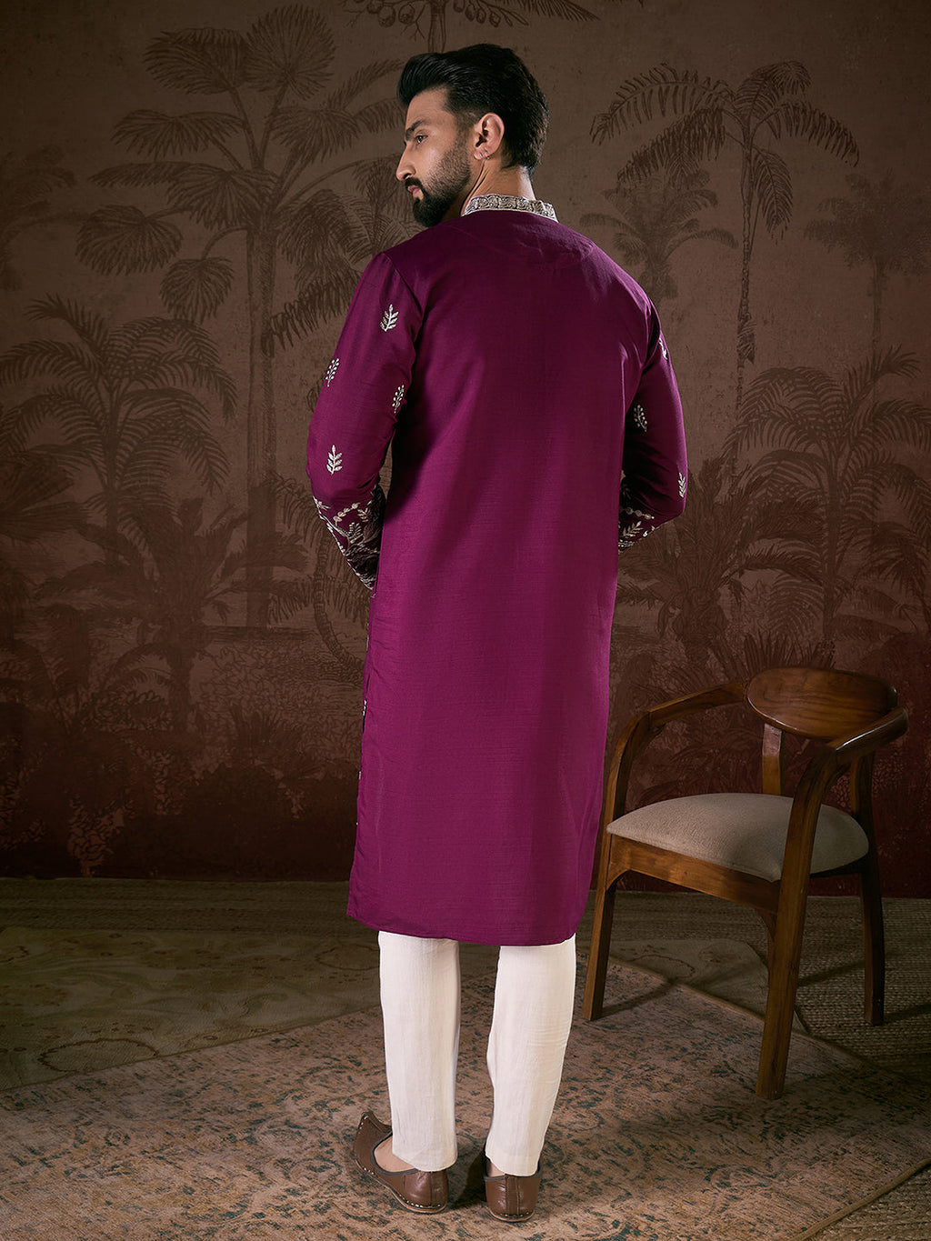 Men Purple Silk Blend Solid Embroidered Straight Kurta With Trouser-MKSET1944