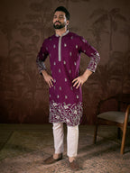 Men Purple Silk Blend Solid Embroidered Straight Kurta With Trouser-MKSET1944