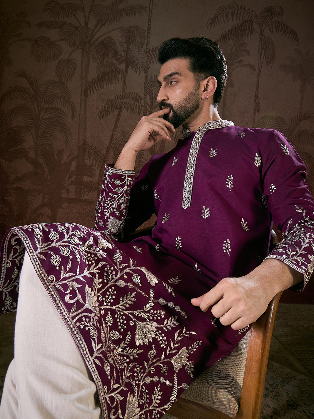 Men Purple Silk Blend Solid Embroidered Straight Kurta With Trouser-MKSET1944