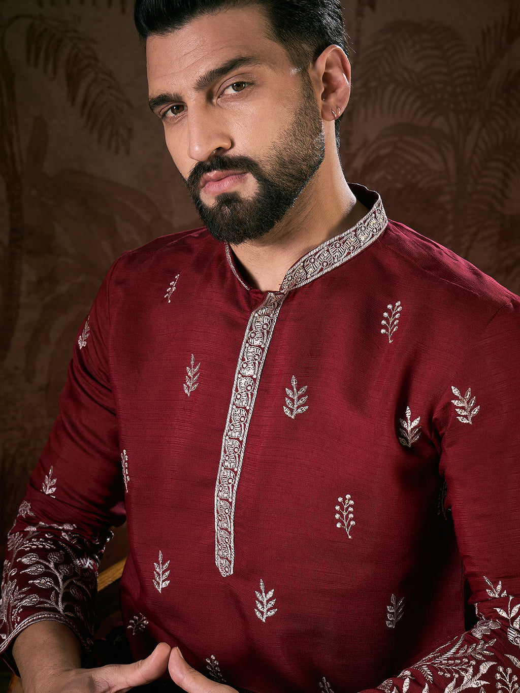Men Maroon Silk Blend Solid Embroidered Straight Kurta With Trouser-MKSET1945