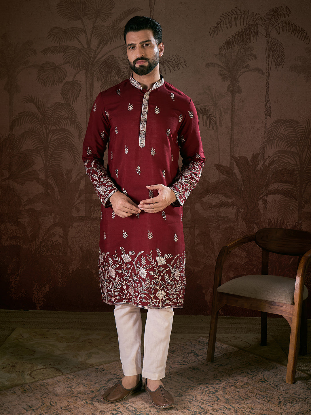 Men Maroon Silk Blend Solid Embroidered Straight Kurta With Trouser-MKSET1945