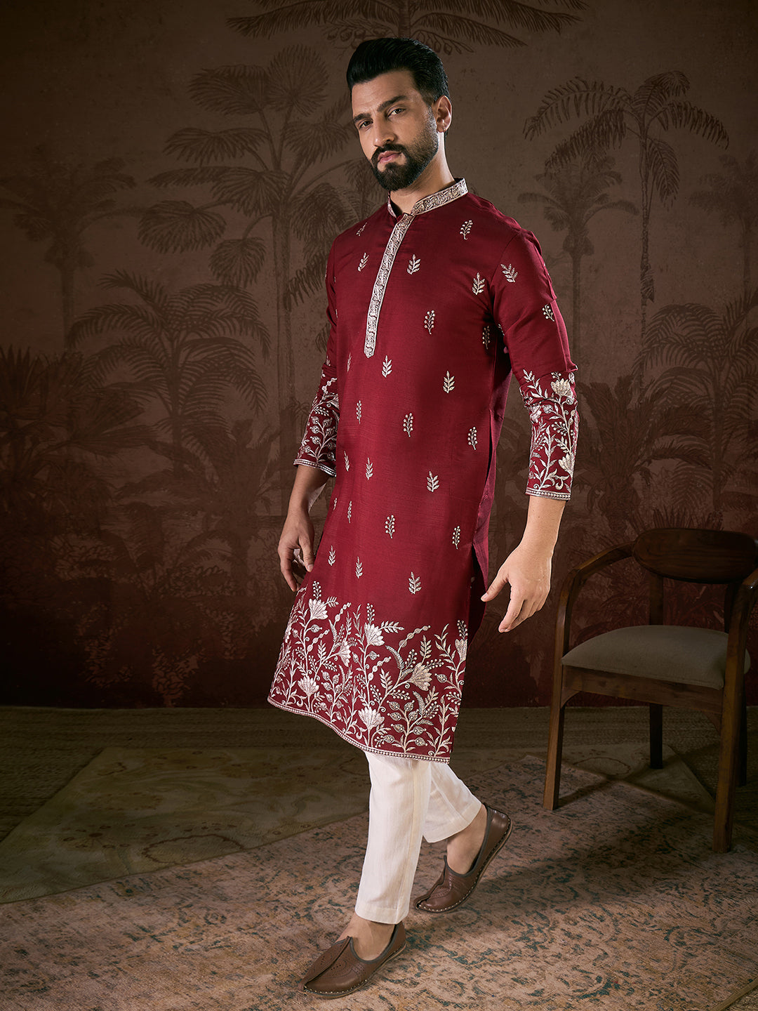 Men Maroon Silk Blend Solid Embroidered Straight Kurta With Trouser-MKSET1945