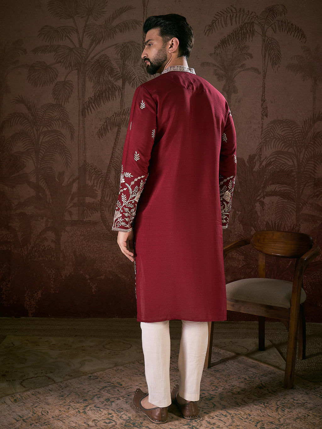 Men Maroon Silk Blend Solid Embroidered Straight Kurta With Trouser-MKSET1945