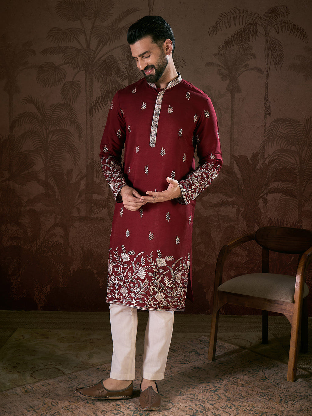 Men Maroon Silk Blend Solid Embroidered Straight Kurta With Trouser-MKSET1945