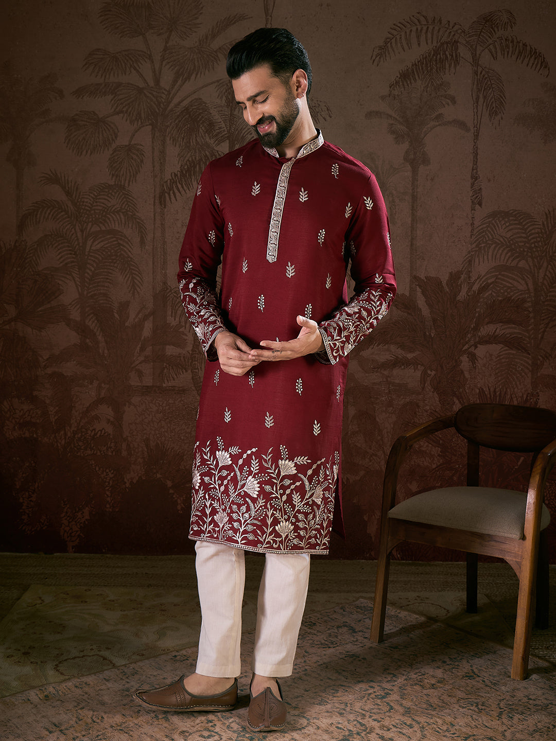 Men Maroon Silk Blend Solid Embroidered Straight Kurta With Trouser-MKSET1945