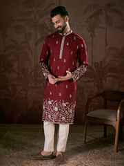 Men Maroon Silk Blend Solid Embroidered Straight Kurta With Trouser-MKSET1945