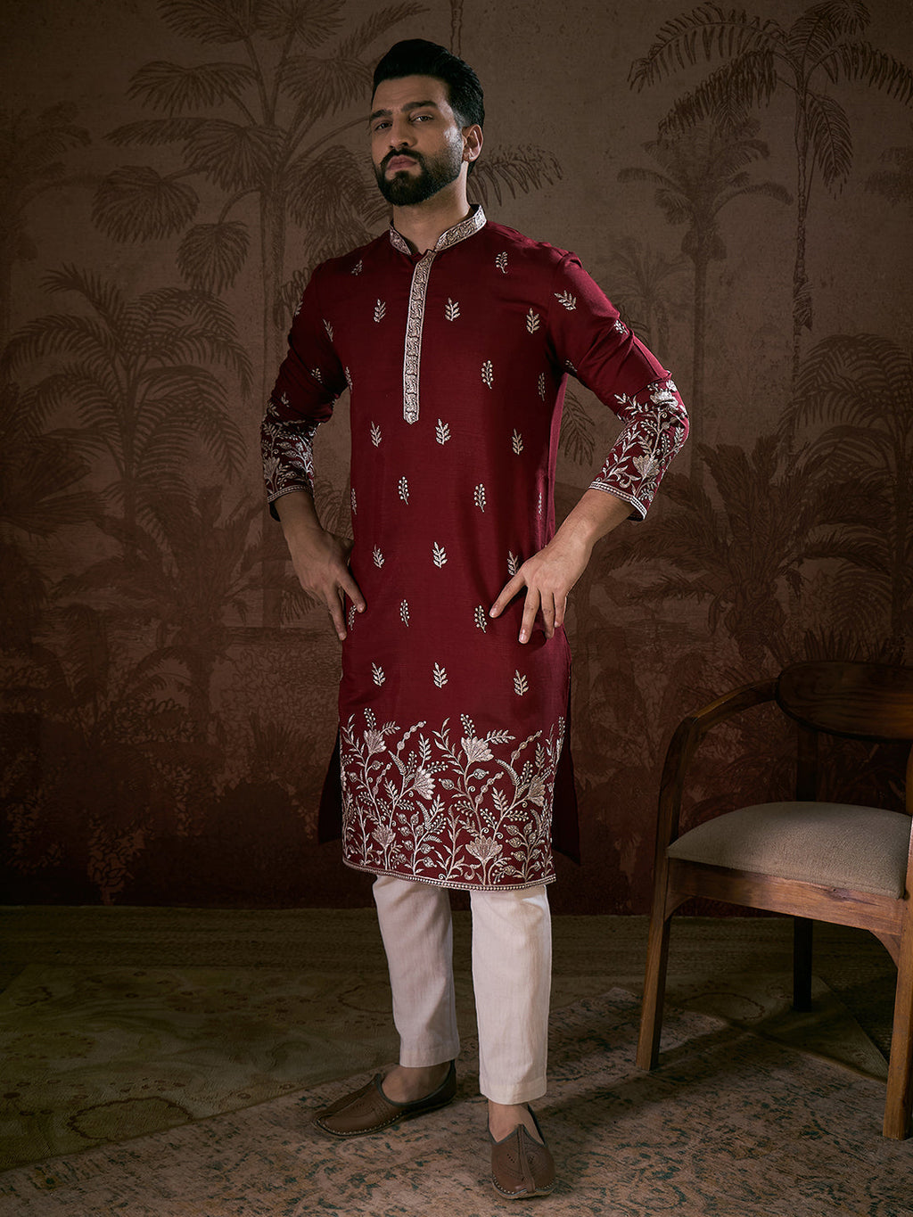 Men Maroon Silk Blend Solid Embroidered Straight Kurta With Trouser-MKSET1945