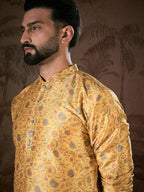 Men Yellow Silk Blend Floral Printed Straight Kurta With Trouser-MKSET1946
