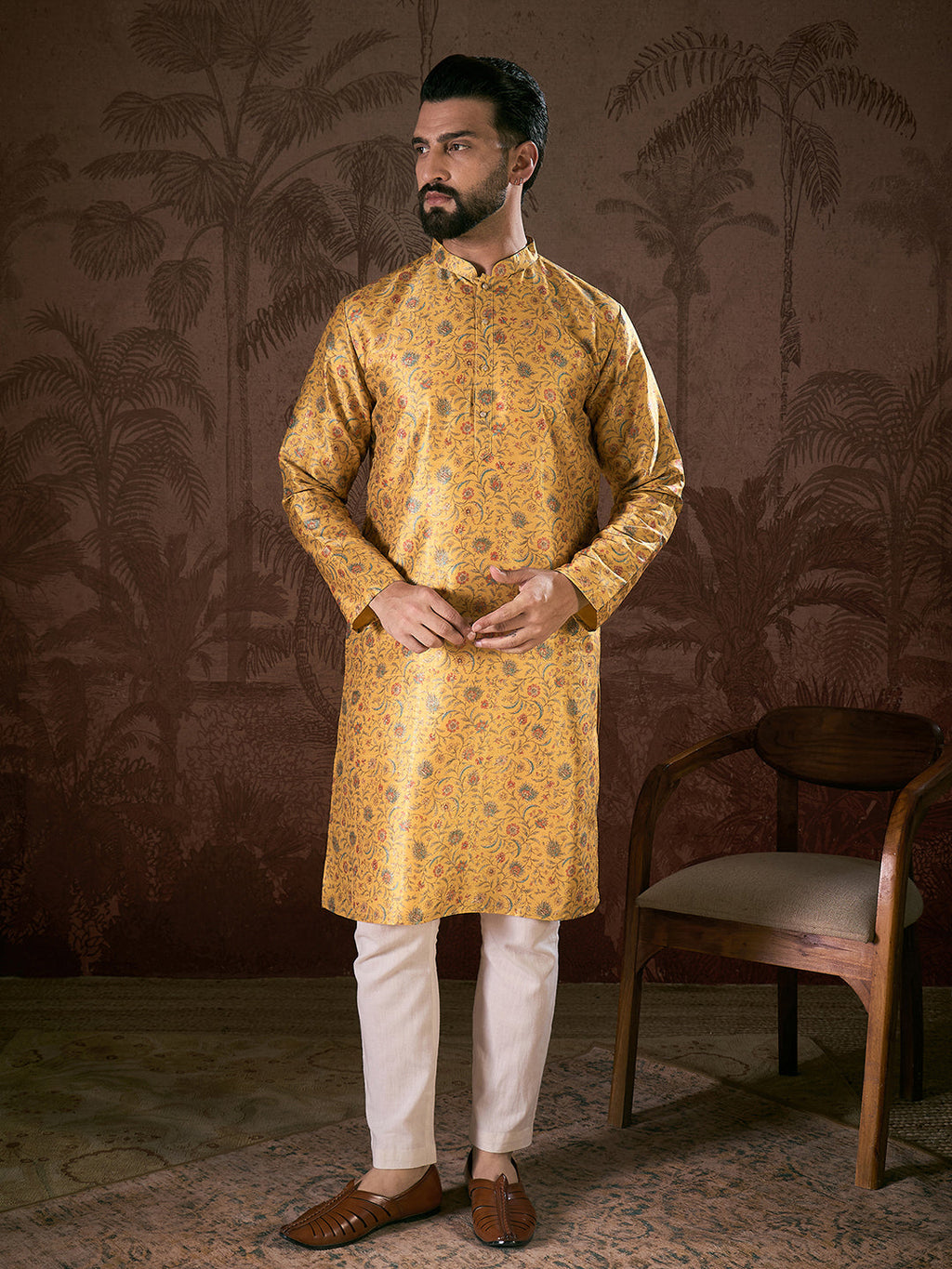 Men Yellow Silk Blend Floral Printed Straight Kurta With Trouser-MKSET1946