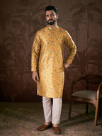 Men Yellow Silk Blend Floral Printed Straight Kurta With Trouser-MKSET1946