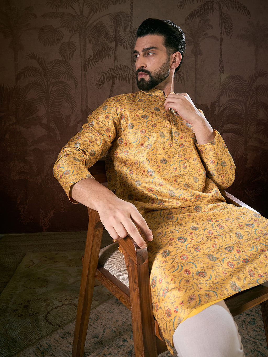 Men Yellow Silk Blend Floral Printed Straight Kurta With Trouser-MKSET1946