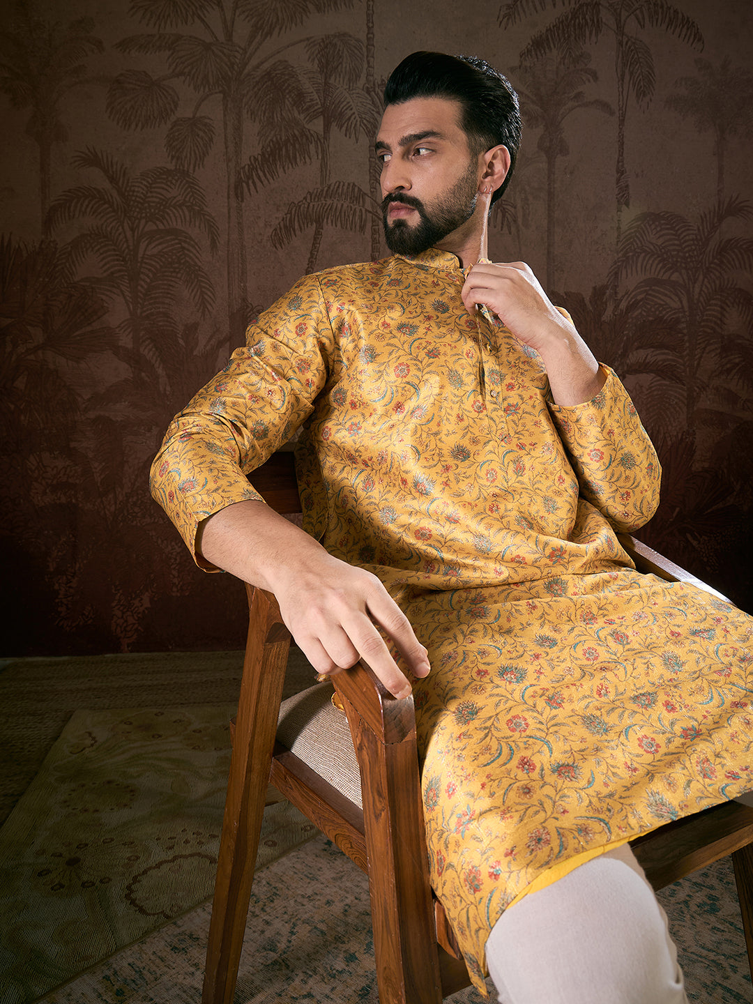 Men Yellow Silk Blend Floral Printed Straight Kurta With Trouser-MKSET1946