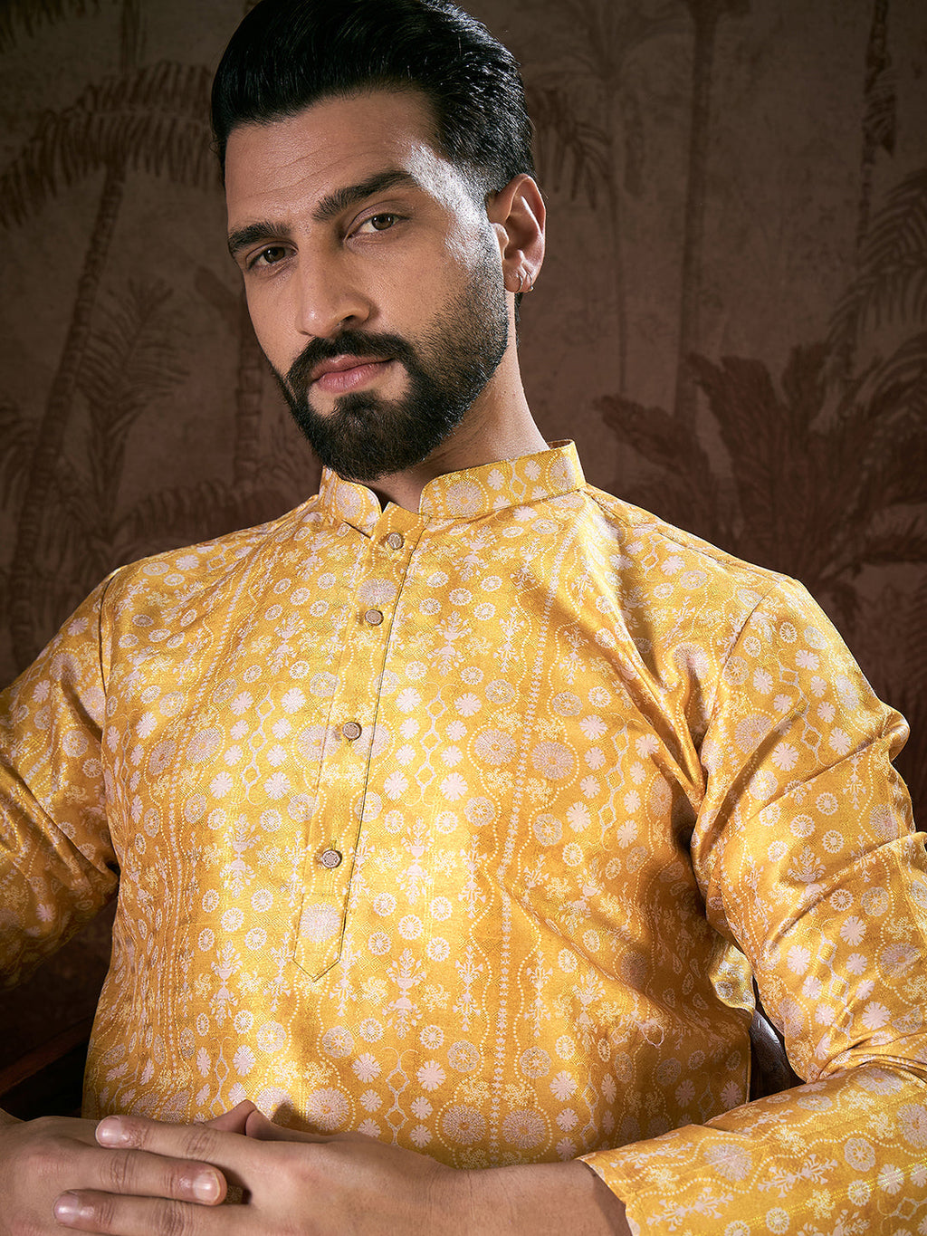 Men Yellow Silk Blend Floral Printed Straight Kurta With Trouser-MKSET1948
