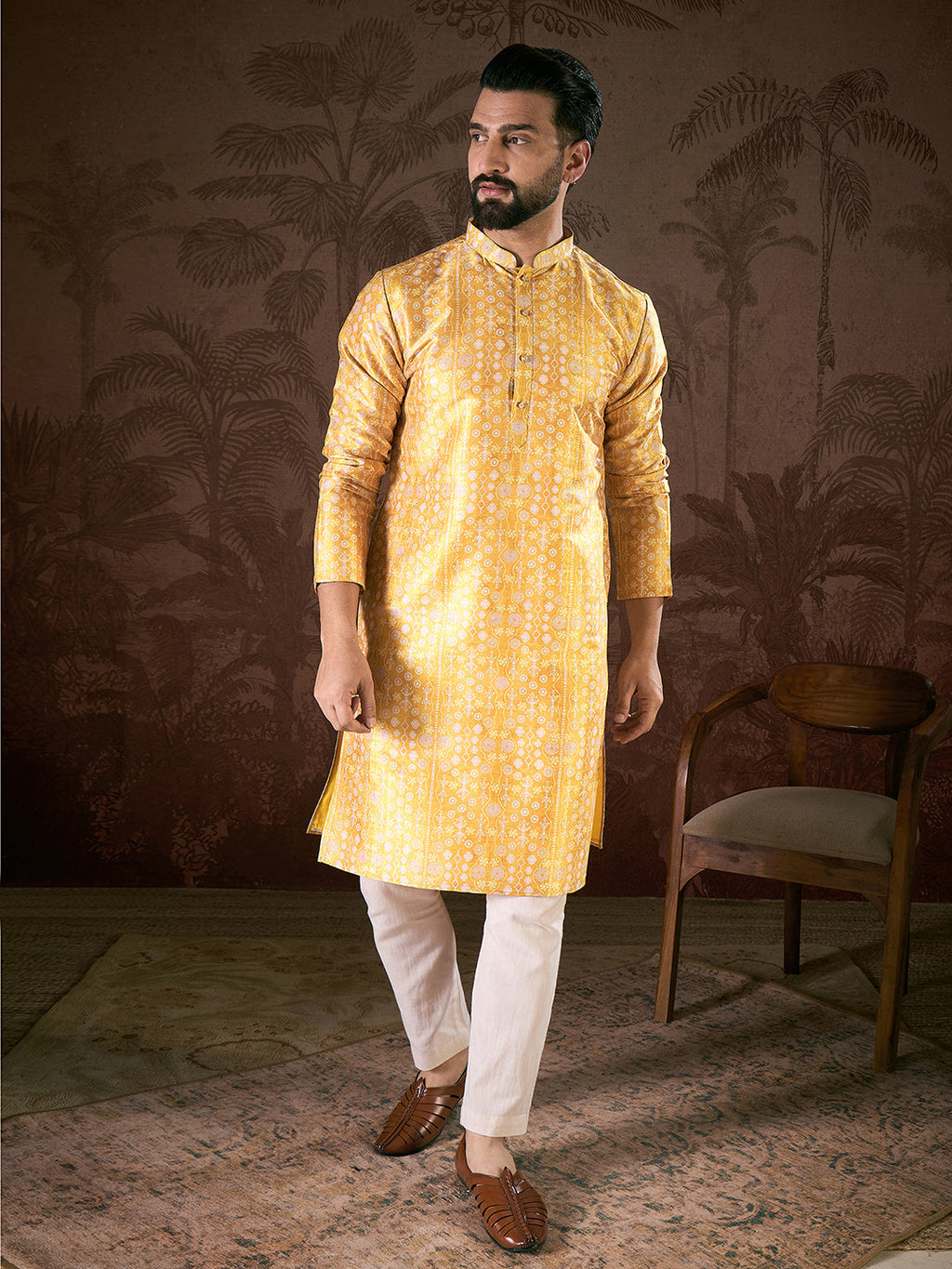 Men Yellow Silk Blend Floral Printed Straight Kurta With Trouser-MKSET1948