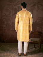 Men Yellow Silk Blend Floral Printed Straight Kurta With Trouser-MKSET1948