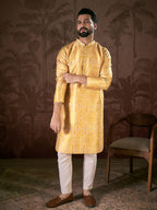 Men Yellow Silk Blend Floral Printed Straight Kurta With Trouser-MKSET1948