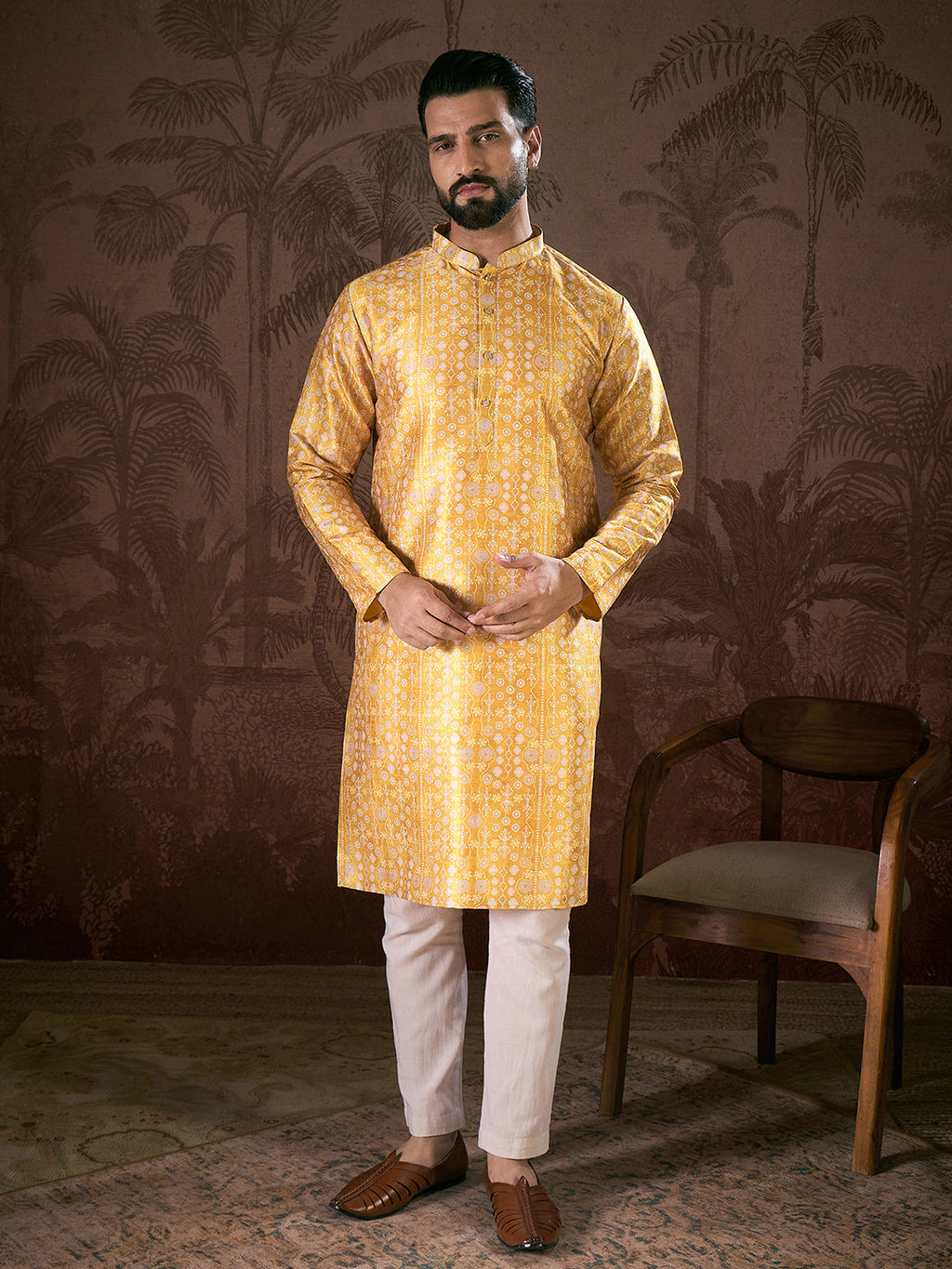 Men Yellow Silk Blend Floral Printed Straight Kurta With Trouser-MKSET1948