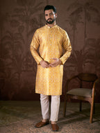 Men Yellow Silk Blend Floral Printed Straight Kurta With Trouser-MKSET1948