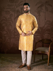 Men Yellow Silk Blend Floral Printed Straight Kurta With Trouser-MKSET1948