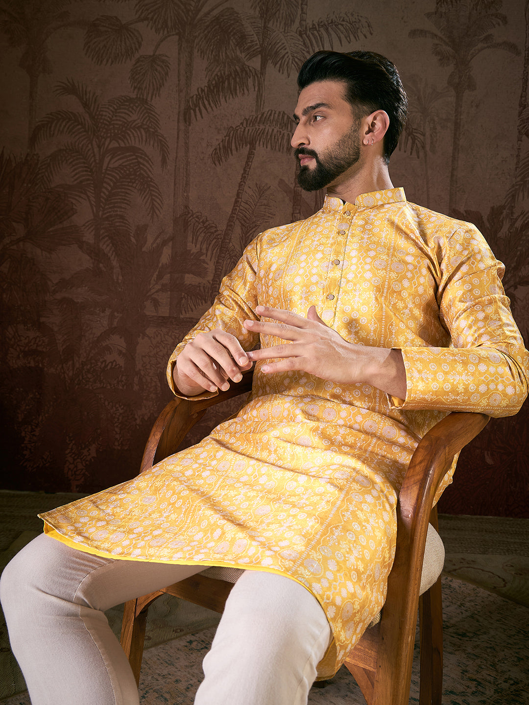 Men Yellow Silk Blend Floral Printed Straight Kurta With Trouser-MKSET1948
