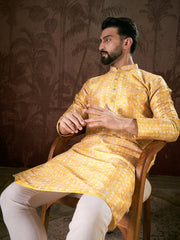 Men Yellow Silk Blend Floral Printed Straight Kurta With Trouser-MKSET1948
