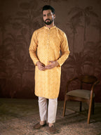 Men Yellow Silk Blend Ethnic Motifs Printed Straight Kurta With Trouser-MKSET1949
