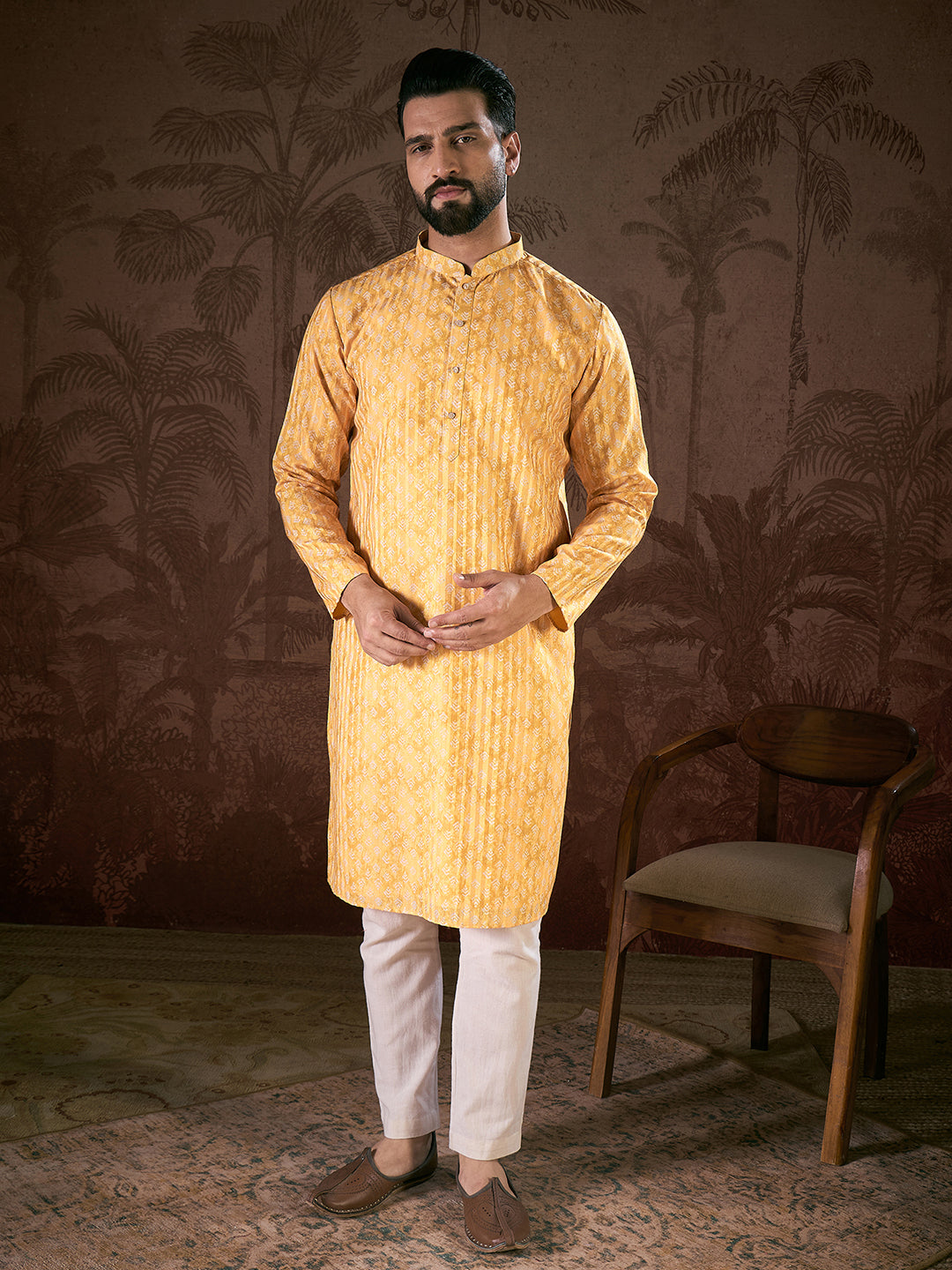 Men Yellow Silk Blend Ethnic Motifs Printed Straight Kurta With Trouser-MKSET1949
