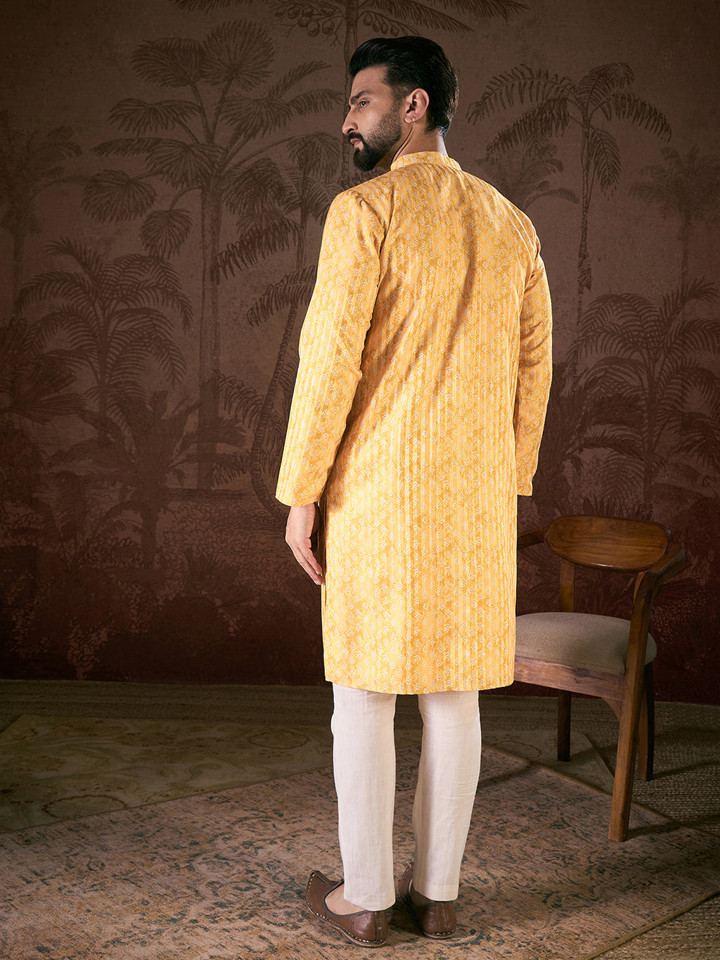 Men Yellow Silk Blend Ethnic Motifs Printed Straight Kurta With Trouser-MKSET1949